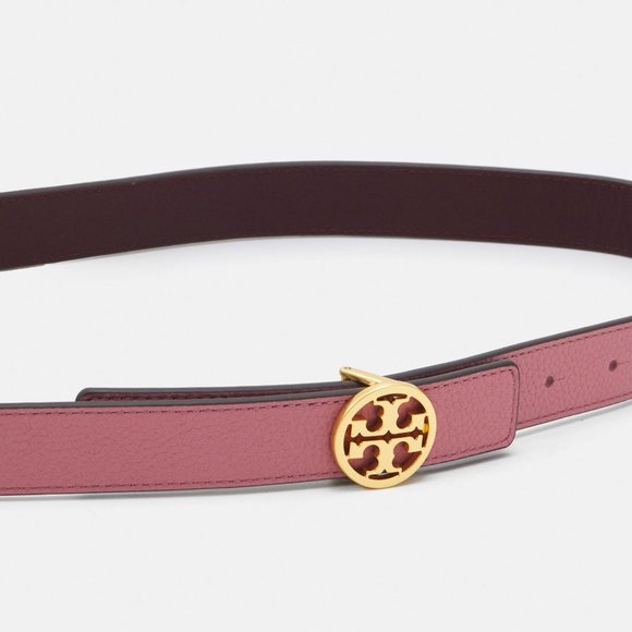 Tory Burch Reversible Logo WIDE Belt Burgundy Port Pink Magnolia - Picture 3 of 9